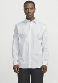 White long-sleeve shirt with vertical blue stripes, button-down collar, and cuffed sleeves. Smooth fabric with a tailored fit.
