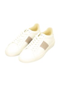 White leather sneakers featuring a beige suede stripe, round toe, flat sole, and traditional lace-up design. Soft interior lining.