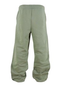 Pantalon de survêtement vert, ample et confortable, avec une texture douce et une taille élastique. Comprend des poches latérales et un design du dos sans couture.