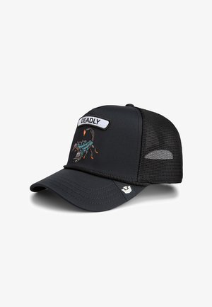 Black cap with mesh sides and a rounded visor. Features an embroidered scorpion design and a label reading "DEADLY" on the front.