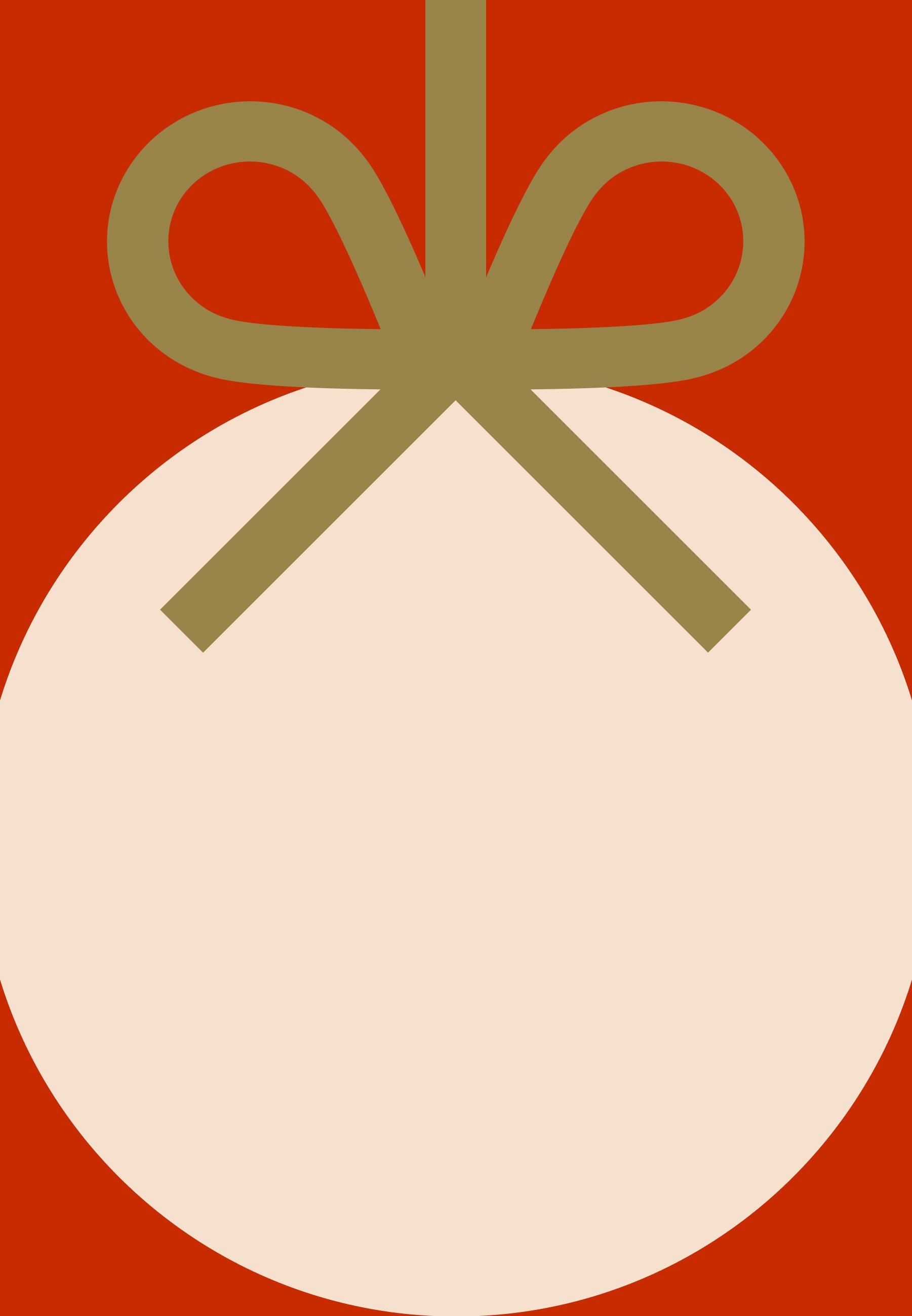 Gift box design with a rounded beige shape, a red background, and a gold ribbon bow on top, featuring smooth and clear lines.