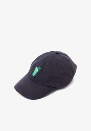 Navy blue baseball cap with an embroidered green cocktail glass featuring lemon slices and a straw on the front panel.