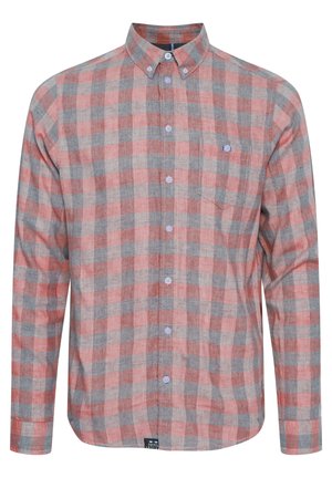 Rød og gråternet knap-op skjorte lavet af et blødt materiale, med krave, lange ærmer og en brystlomme.