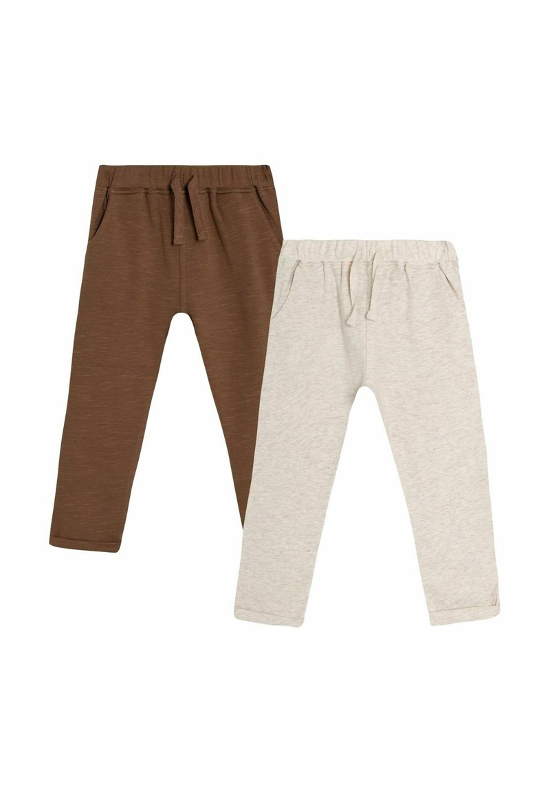 Two pairs of pants: one brown with a textured finish and elastic waistband, the other light grey with a smooth surface and side pockets.