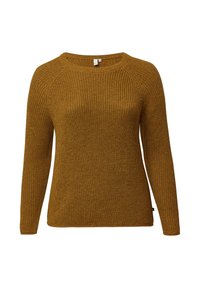 Gebreide trui in mosterdgeel, met een ronde hals, lange mouwen en een textuurpatroon. Rechte zoom aan de onderkant met minimale details.