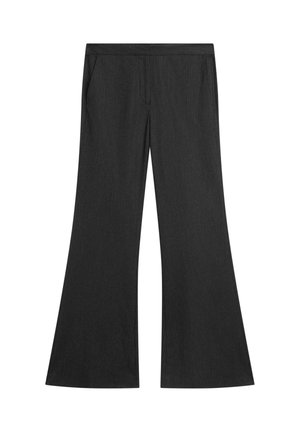Pantalon à rayures noires avec jambes larges et poches latérales sur fond blanc.