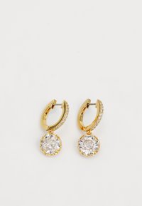 Gold hoop earrings with a textured design, featuring a round clear gem suspended at the base, accented by smaller clear stones along the hoop.