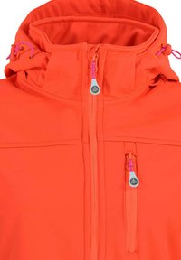 Veste orange vif avec un col haut, des poches zippées doubles et des détails en cordon rose et jaune. Matière lisse et résistante à l'eau.