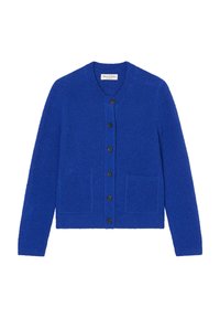 Chundelatý modrý kardigan s kulatým výstřihem, dlouhými rukávy a dvěma předními kapsami. Jezdí na černé knoflíky a má elastické manžety.