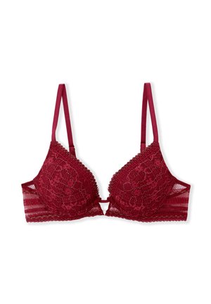 Soutien-gorge en dentelle bordeaux avec une forme triangulaire, des bords festonnés, des bretelles réglables et des motifs floraux rehaussés de fil doré.