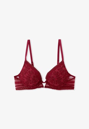 Burgundy lace bra with a triangular shape, scalloped edges, adjustable straps, and floral patterns embellished with gold stitching.