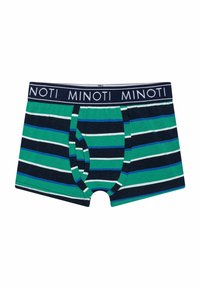 Boxers rayés en vert, bleu marine et blanc. Fabriqués en coton, avec une ceinture confortable portant l'inscription "MINOTI".