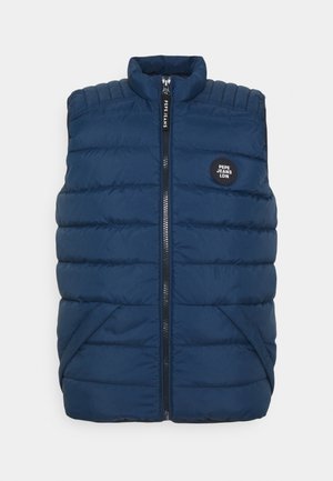 Veste sans manches matelassée bleu marine avec fermeture éclair à l'avant et logo Pepe Jeans LDN sur la poitrine gauche.
