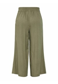 Pantalon large crop vert olive avec taille élastique, en tissu léger.
