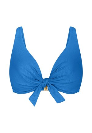 Blauer Bikinioberteil mit strukturiertem Stoff, breiten Trägern und einer vorderen Knotenschleife mit einem goldenen Verschluss unter dem Knoten.