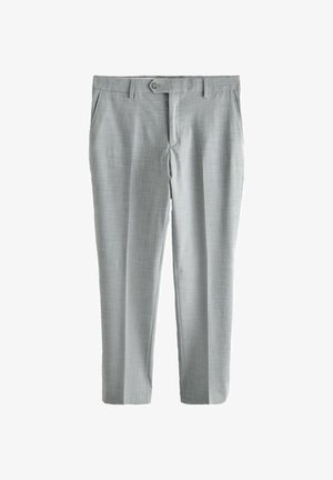 Hellgraue, schlank geschnittene Anzughose mit Fronttaschen, Gürtelschlaufen, Knopfverschluss und Reißverschluss-Fliegen vor weißem Hintergrund.