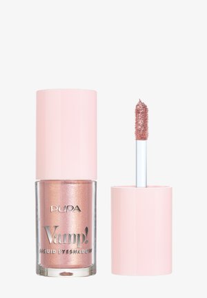 Sombra de ojos líquida Pupa Vamp! en un frasco de vidrio transparente con una tapa cilíndrica de color rosa claro. Contiene un líquido brillante en tono rosa dorado y un aplicador con varita.