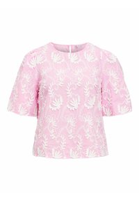 Blouse rose avec motif floral blanc brodé, design pull, manches courtes bouffantes et col rond. Détail de tissu texturé.