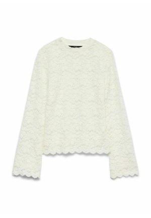 Valge pitsist pika varrukaga tipp, millel on laineline ääris ja ümar kaelus. Kangal on lillemuster ja tekstuuriga viimistlus.