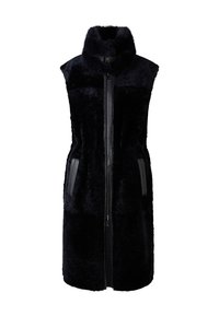 Czarna kamizelka z faux futra bez rękawów z wysokim kołnierzem, pełnym zamkiem błyskawicznym i błyszczącymi, czarnymi kieszeniami bocznymi. Miękka tekstura i dopasowany krój.
