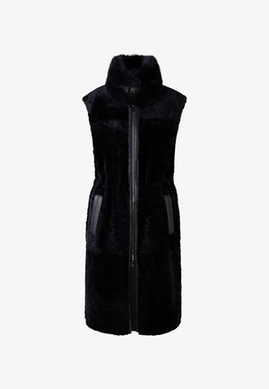 Czarna kamizelka z faux futra bez rękawów z wysokim kołnierzem, pełnym zamkiem błyskawicznym i błyszczącymi, czarnymi kieszeniami bocznymi. Miękka tekstura i dopasowany krój.