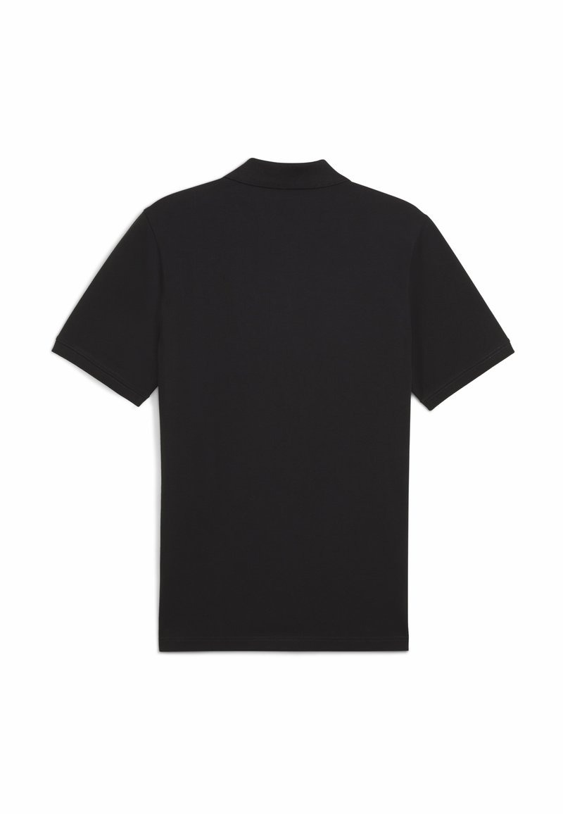 Polo nero a maniche corte, con colletto piatto e una texture pulita e liscia. Nessun logo o motivo visibile sul retro.