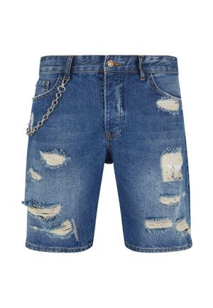 Denim-Shorts in Mittelblau mit abgetragenen Rissen und fransigen Kanten. Mit einem silbernen Kettendetail, das an der Vordertasche befestigt ist.