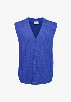 Niebieski dzianinowy kamizelka z dekoltem w kształcie litery V, bez rękawów, z teksturą w warkocze i pięcioma guzikami z przodu. Żebrowany dół i kołnierz.