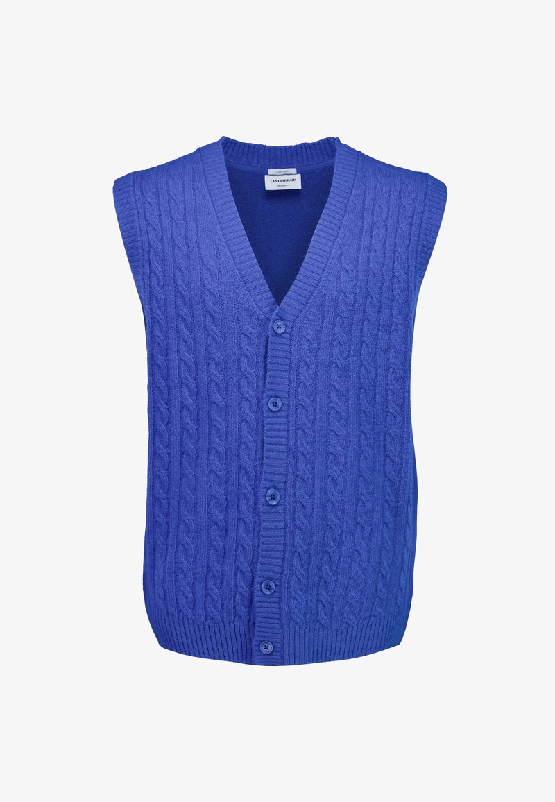 Blauer gestrickter Pullunder mit V-Ausschnitt, ärmellosem Design, Kabelstricktextur und fünf Knöpfen auf der Vorderseite. Gerippter Saum und Kragen.