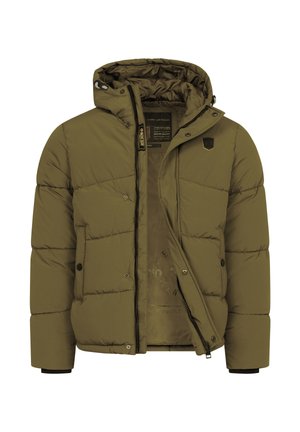 Olive green padded winter jacket with hood, unzipped front, snap-button pockets, black zipper, and inner printed lining.