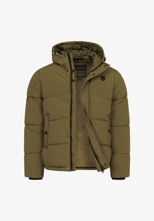Olive green padded winter jacket with hood, unzipped front, snap-button pockets, black zipper, and inner printed lining.