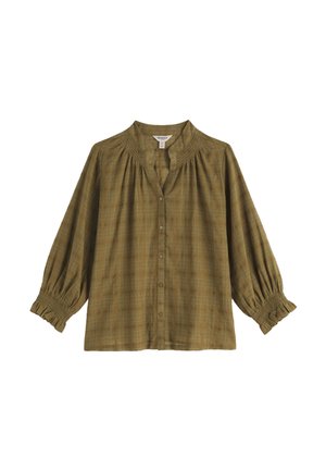 Olivgrüne karierte Bluse mit Knopfleiste, gerafftem Einsatz, 3/4-Puffärmeln und gerafften Rüschenbündchen.