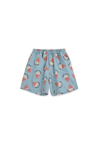 Pantalones cortos de color azul claro hechos de algodón con una cinturilla elástica. Presentan un divertido patrón de figuras de dibujos animados y texto.