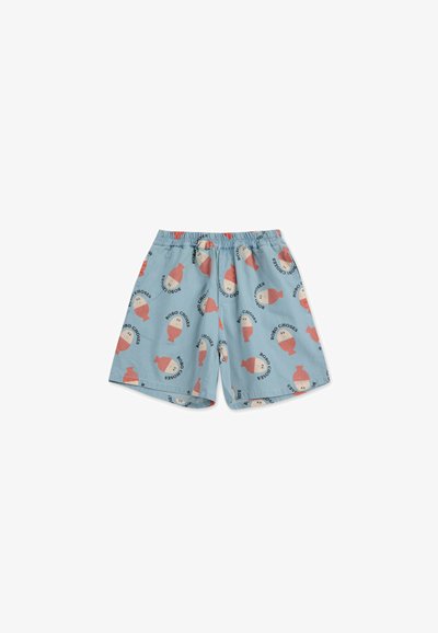 Pantalones cortos de color azul claro hechos de algodón con una cinturilla elástica. Presentan un divertido patrón de figuras de dibujos animados y texto.