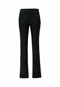 Czarne spodnie z wysokim stanem, proste nogawki, zapinane na podwójny guzik i z przednimi kieszeniami, prezentowane na białym tle.