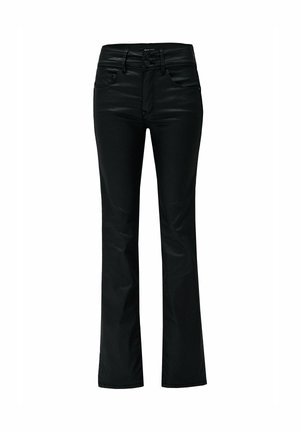 Pantalones rectos de tiro alto en negro con cierre de doble botón y bolsillos frontales, mostrados sobre un fondo blanco.