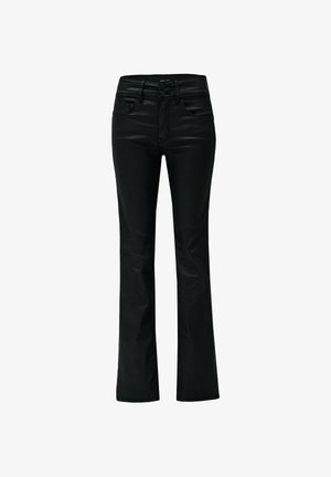 Pantaloni neri a vita alta dritti con chiusura a doppio bottone e tasche frontali, esposti su uno sfondo bianco.