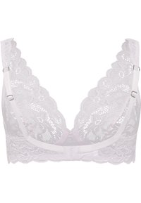 Vit spets-bralette med ett blommönster, djup V-ringning, justerbara axelremmar och ett mjukt band för stöd på baksidan.