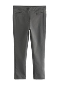 Graue Stoffhose mit glatter Textur, ausgestattet mit zwei Fronttaschen und einem Knopfverschluss an der Taille. Gerade Beinform.