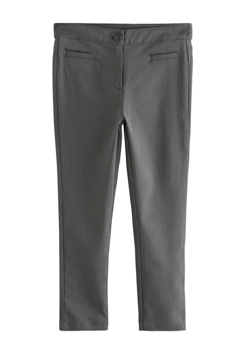 Graue Stoffhose mit glatter Textur, ausgestattet mit zwei Fronttaschen und einem Knopfverschluss an der Taille. Gerade Beinform.