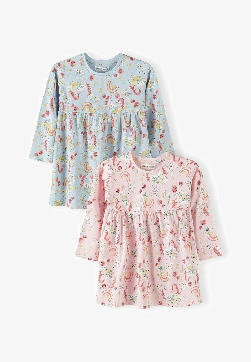 Robes bébé à manches longues en bleu et rose avec des motifs de licornes, arcs-en-ciel, fleurs et coccinelles, détail froncé à la taille.