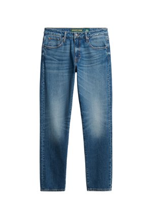 Blå denim jeans med en lige ben-design, lysvasket, fem lommer og knaplukning. Har dekorativ broderi på lommerne.