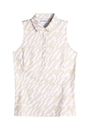 Ärmelloses Poloshirt in Beige mit weißem abstraktem Muster, Kragen und glattem, leichtem Stoff.