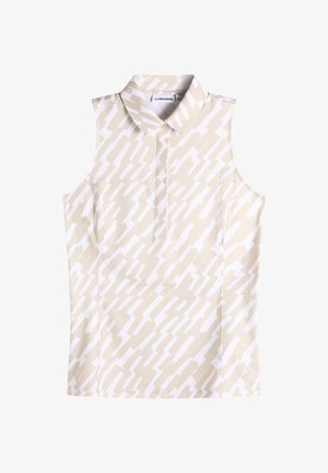 Beige värinen hihaton poolopaita, jossa valkoinen abstrakti kuvio, kauluksellinen malli ja sileä, kevyt kangas.