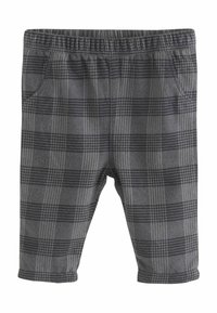 Graue und schwarze karierte Kleinkinderhosen mit elastischem Bund und seitlichen Taschen, aus weichem Stoff gefertigt.