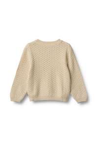 Jasno beżowy sweter z dzianiny o fakturowanym, kropkowanym wzorze, z prążkowanymi mankietami i dołem oraz klasycznym okrągłym dekoltem.