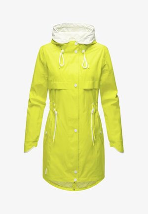 Waterproof yellow raincoat with white accents, adjustable drawstring hood, two front pockets, snap-button closure, and striped lining.