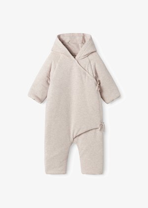 Tutina per bambini color beige chiaro realizzata in morbido tessuto, dotata di cappuccio, design avvolgente e lacci laterali per la chiusura. Maniche lunghe, senza piedi.