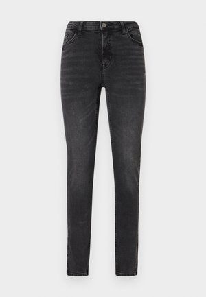 Jeans neri a vita alta slim-fit con chiusura frontale a bottone e zip, e design a cinque tasche, esposti su uno sfondo bianco semplice.