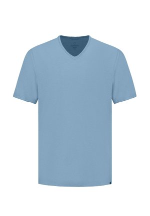 Lys blå kortærmet V-hals t-shirt lavet af blødt stof, med et enkelt design, lige søm og uden yderligere mønstre eller detaljer.